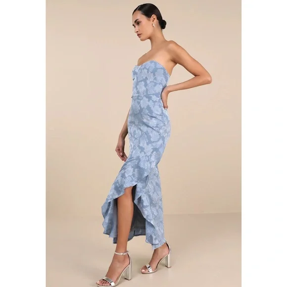 Lulus Mabriella Slate Blue Floral Burnout Ruffled Strapless Maxi Dress NWT Med - Picture 3 of 12